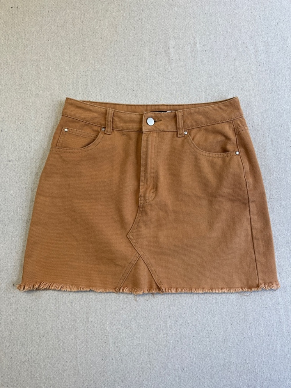 Boohoo Blue Denim Mini Skirt Brown Frayed Hem High Rise US 8